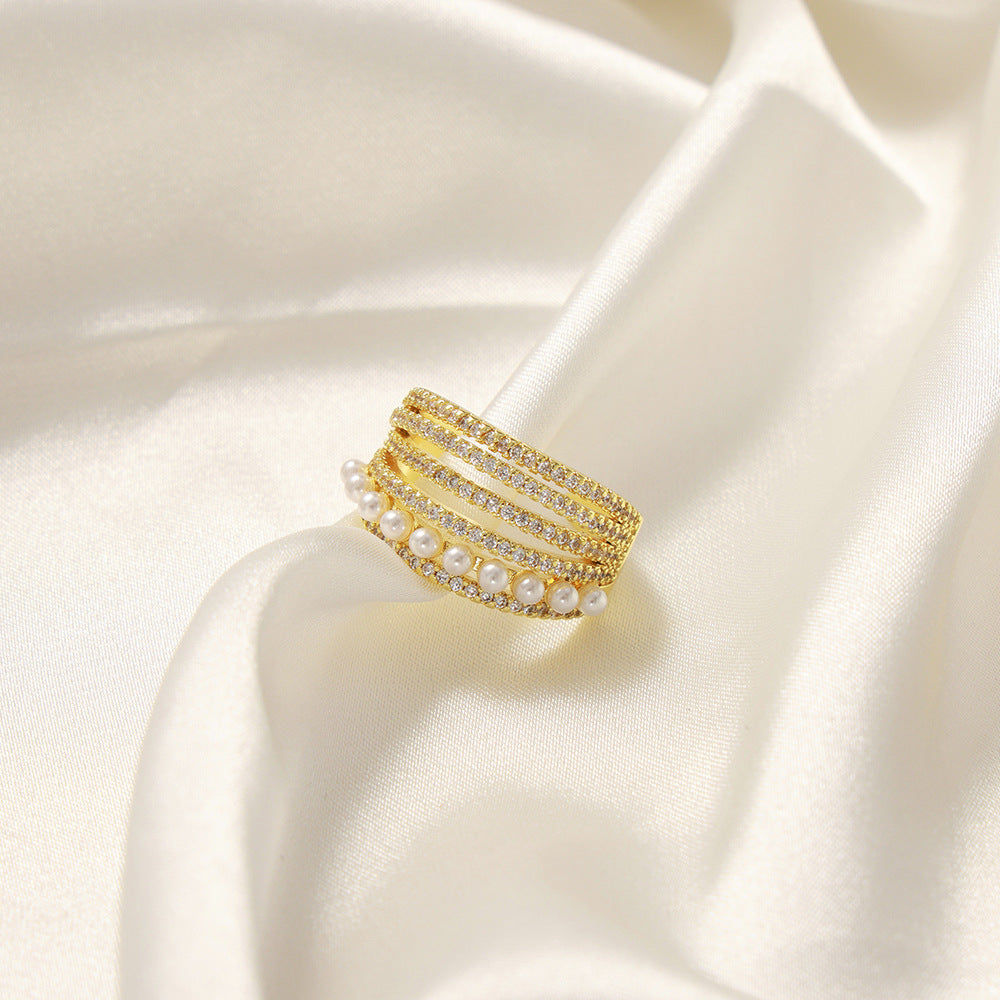 Open Diamond and Pearl Ring 