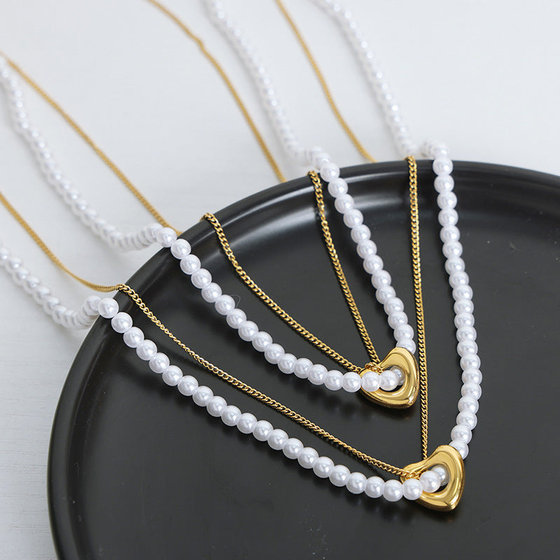 Creative Stacked Double Layered Heart Pendant Pearl Necklace