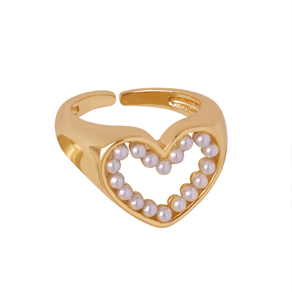 Hollow Love Heart Open Pearl Ring 