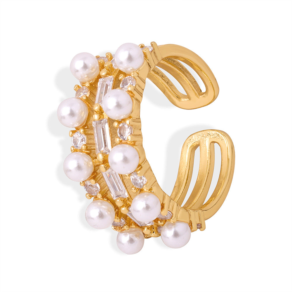 Dainty Diamond Two Row Pearl Ring 