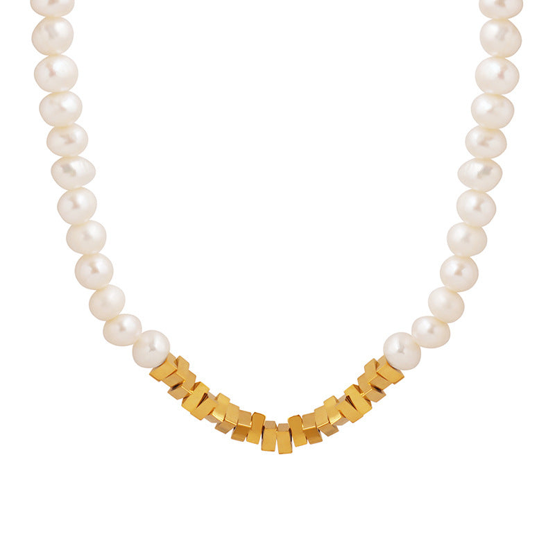 Gold Metal Block Stitching Freshwater Pearl Necklace