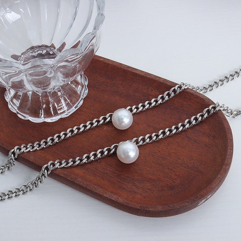 Silver Cuban Chain With A Detachable Pearl Pendant Necklace