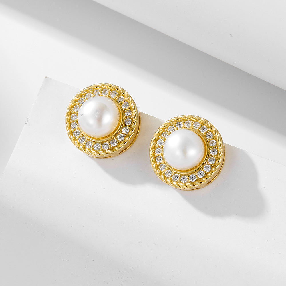 Round Diamond Mabe Pearl Stud Earrings