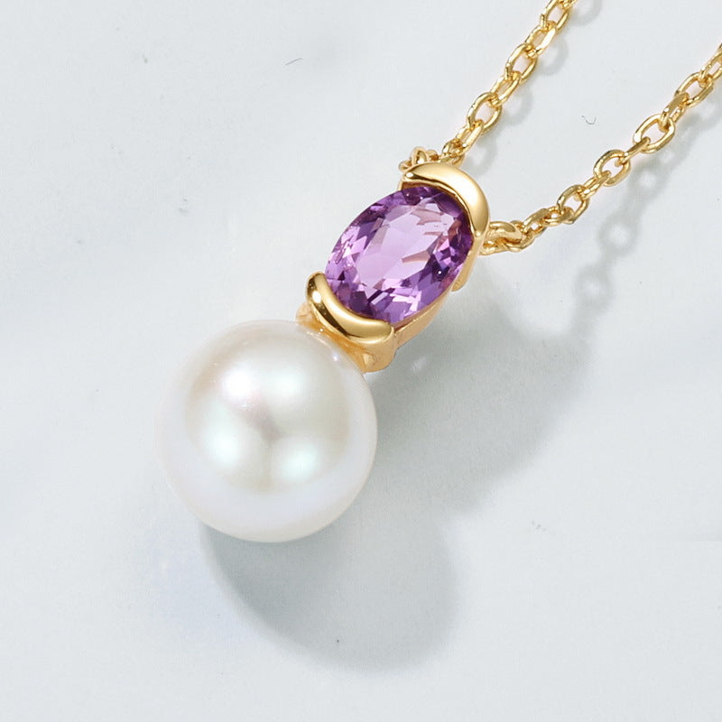 Natural Freshwater Pearl and Purple Crystal Pendant Necklace