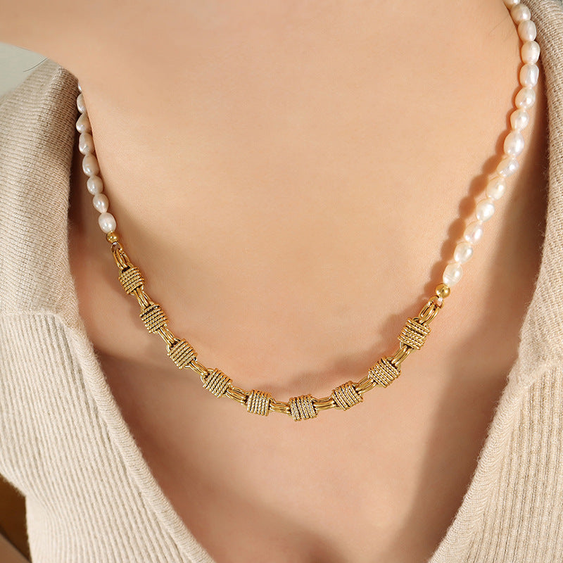 Geometric Knot Chain Stitching Freshwater Pearl Necklace