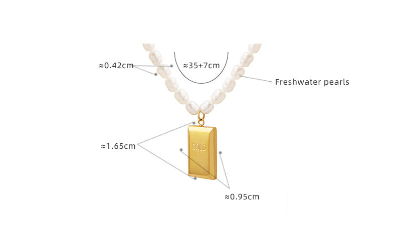 GOLD Rectangle Plate Pendant Freshwater Pearl Necklace