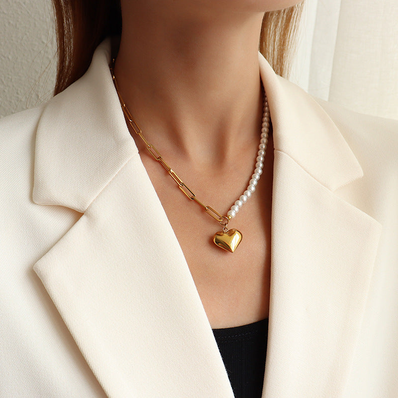 Gold Heart Pendant Half Pearl Half Paperclip Necklace