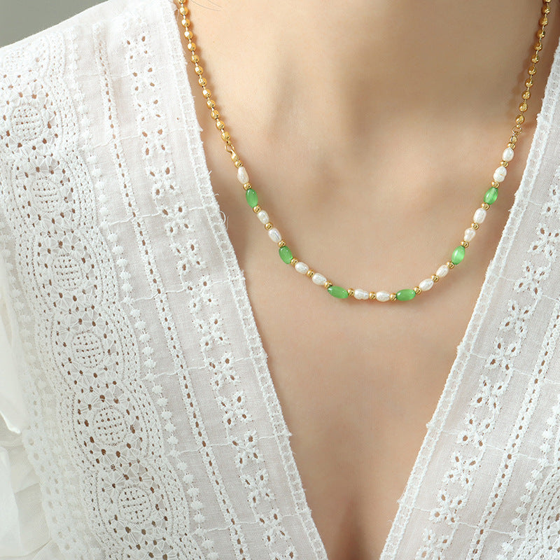 Green Cat Eye Stone And Gold Beads Freshwater Pearl Necklace