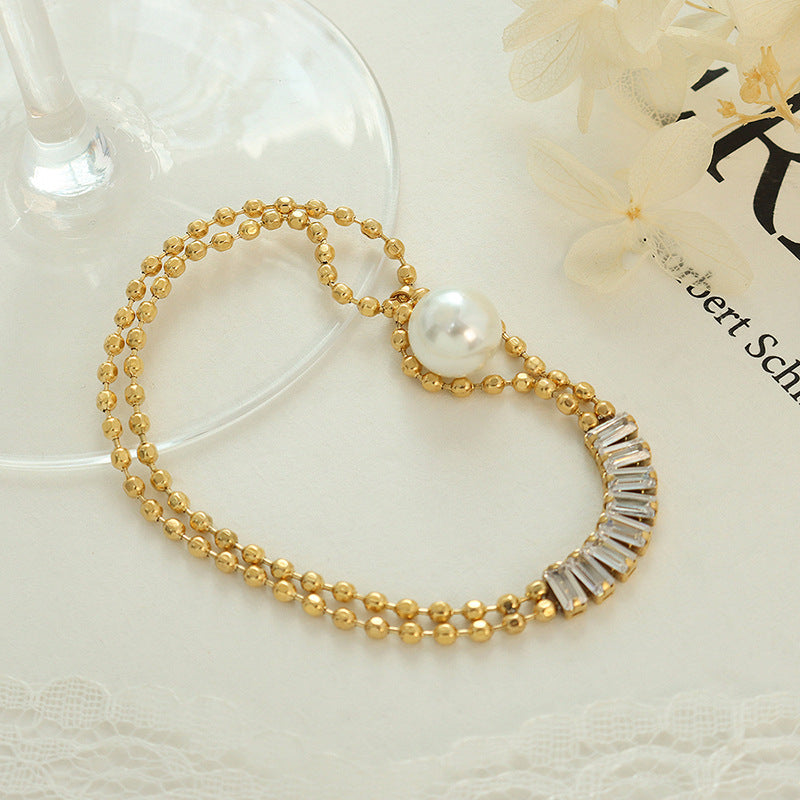 Gold Beads Chain Zircon Pearl Bracelet