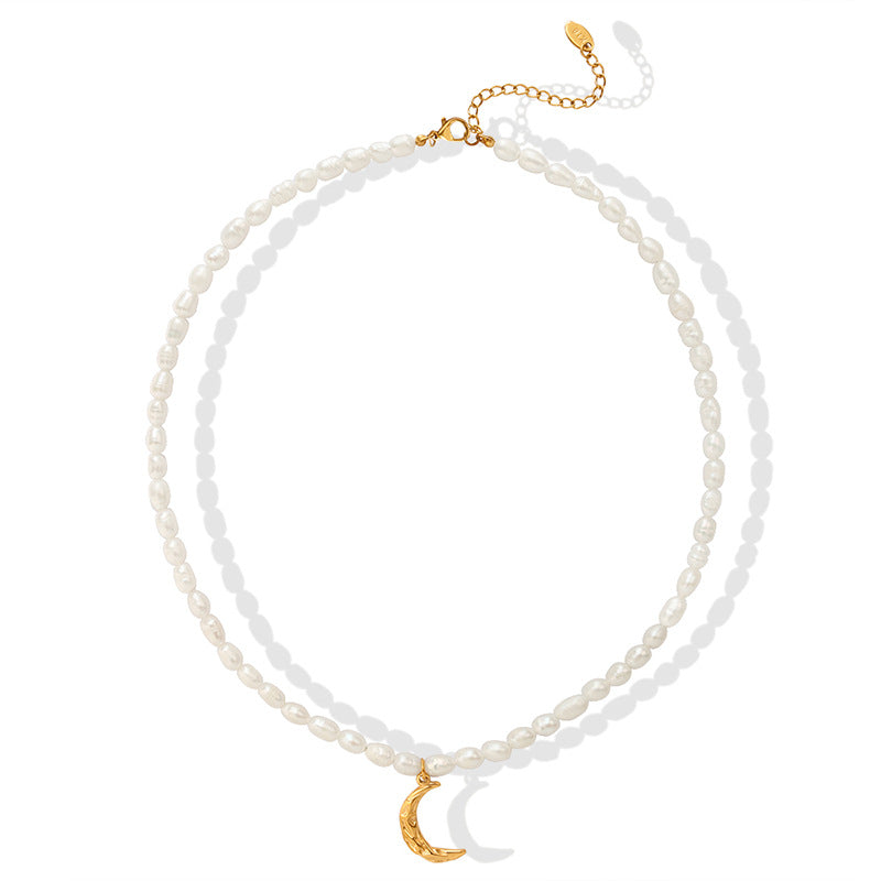 Gold Moon Pendant Freshwater Pearl Necklace