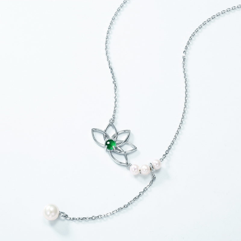 Jade Lotus Pearl Drop Pendant Necklace