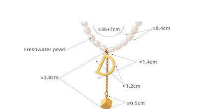 Letter D Gold Cube Drop Pendant  Freshwater Pearl Necklace