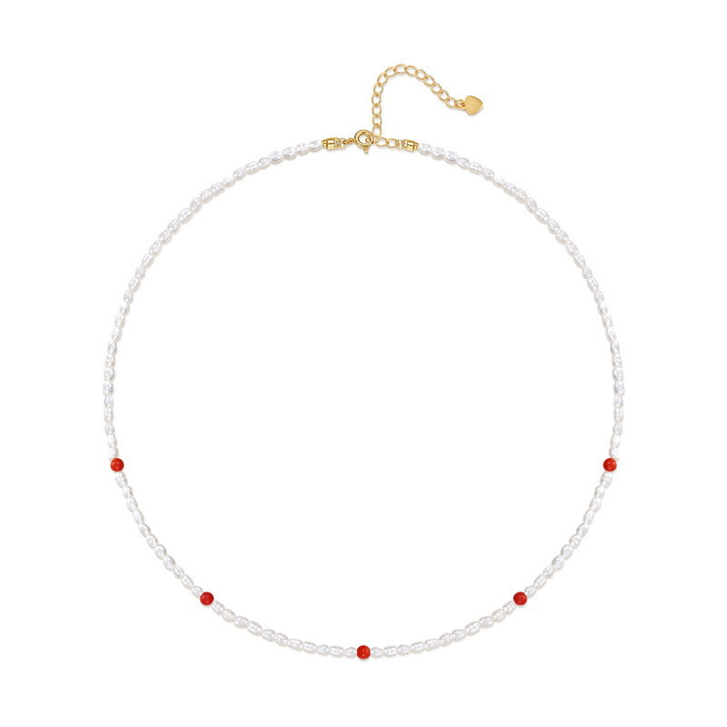 Natural Red Agate and Freshwater Pearl Strand Necklace