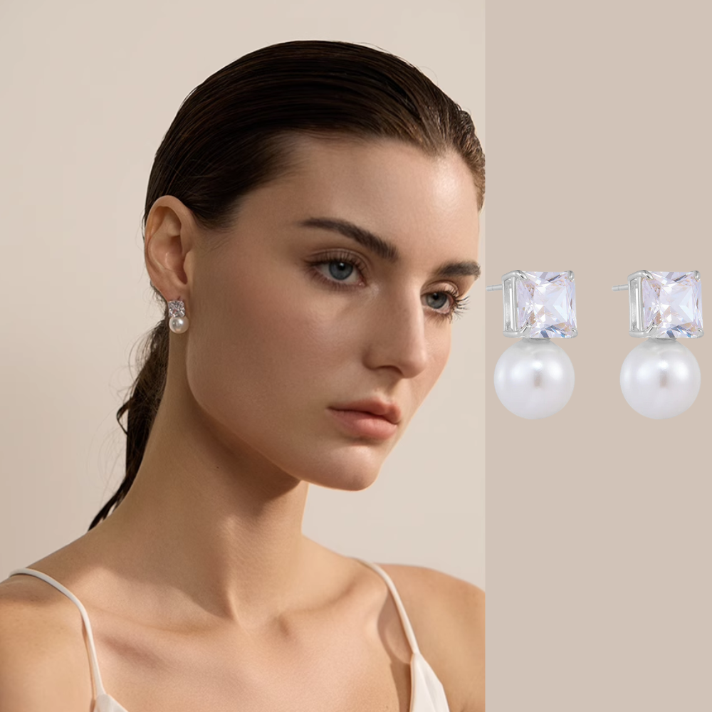 Cube Diamond 10mm Pearl Earrings