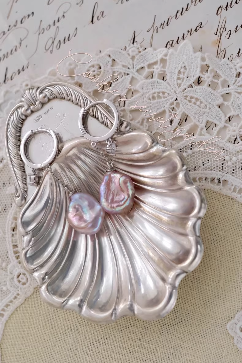 【Monet Garden Collection】 Handmade Silver Baroque Pearl Drop Earrings