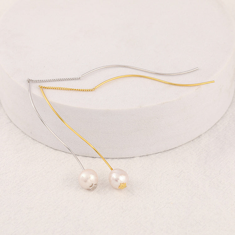 S Curve Line Tassel Pearl Drop Earrings