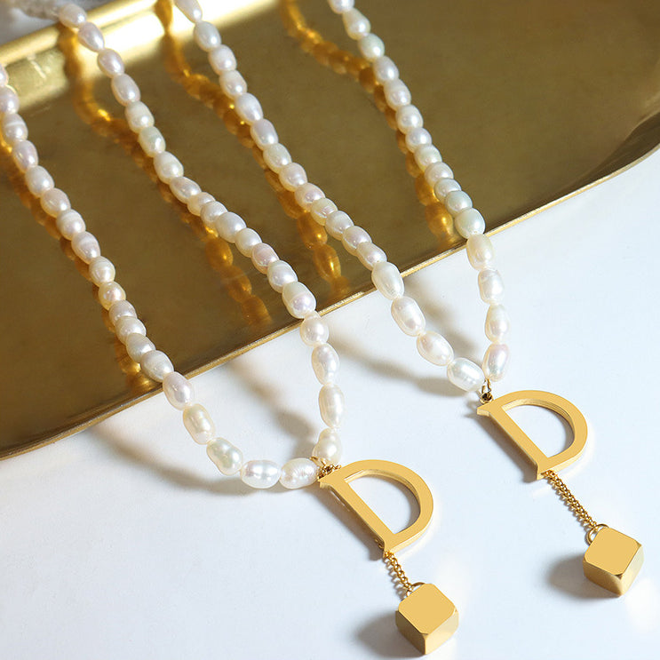 Letter D Gold Cube Drop Pendant  Freshwater Pearl Necklace