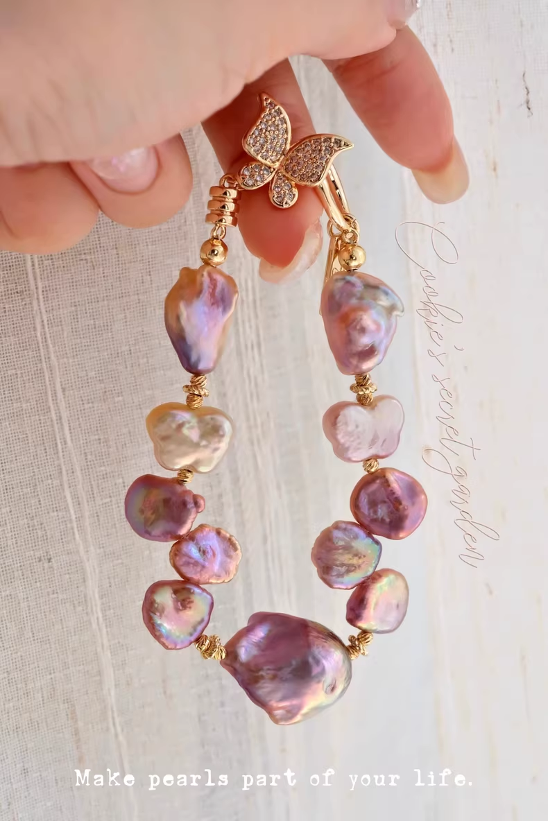 【Monet Garden Collection】 Handmade Butterfly Purple Baroque Pearl Bracelet