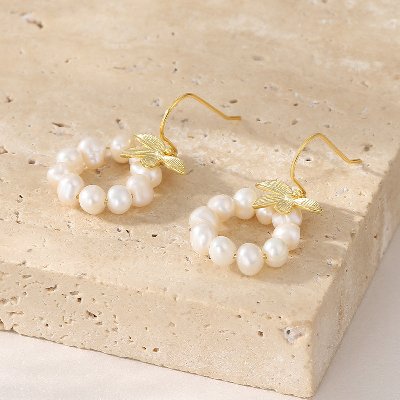 Leaf and Pearl Hook Earrings