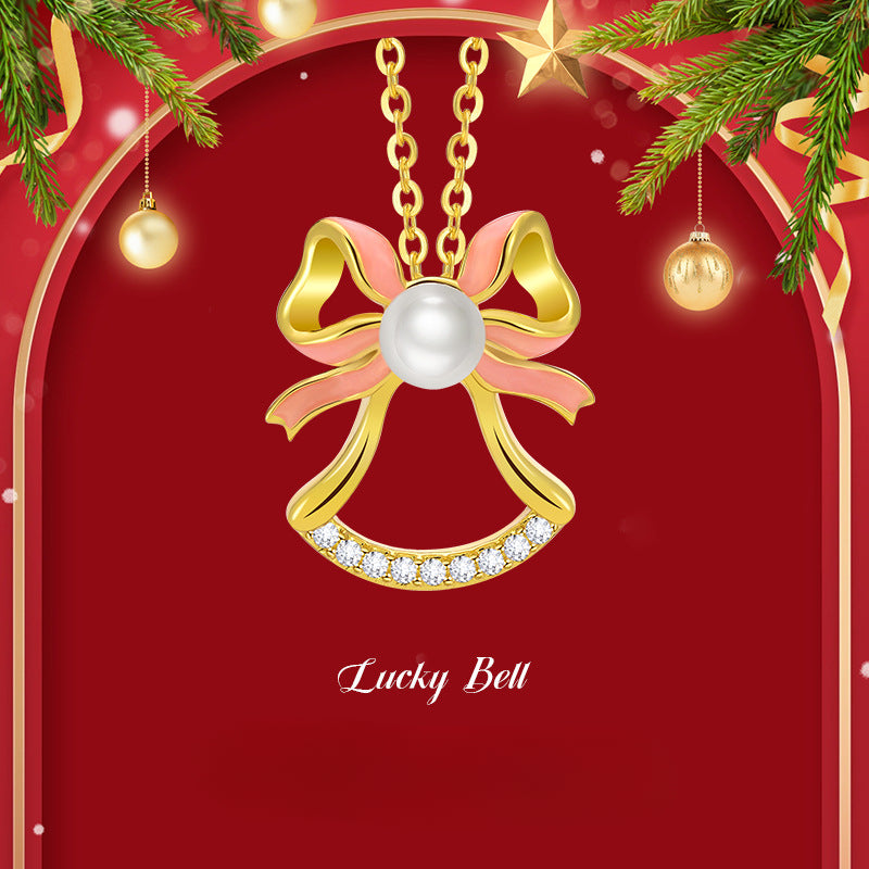 Lucky Bow Christmas Bell Pearl Pendant Necklace