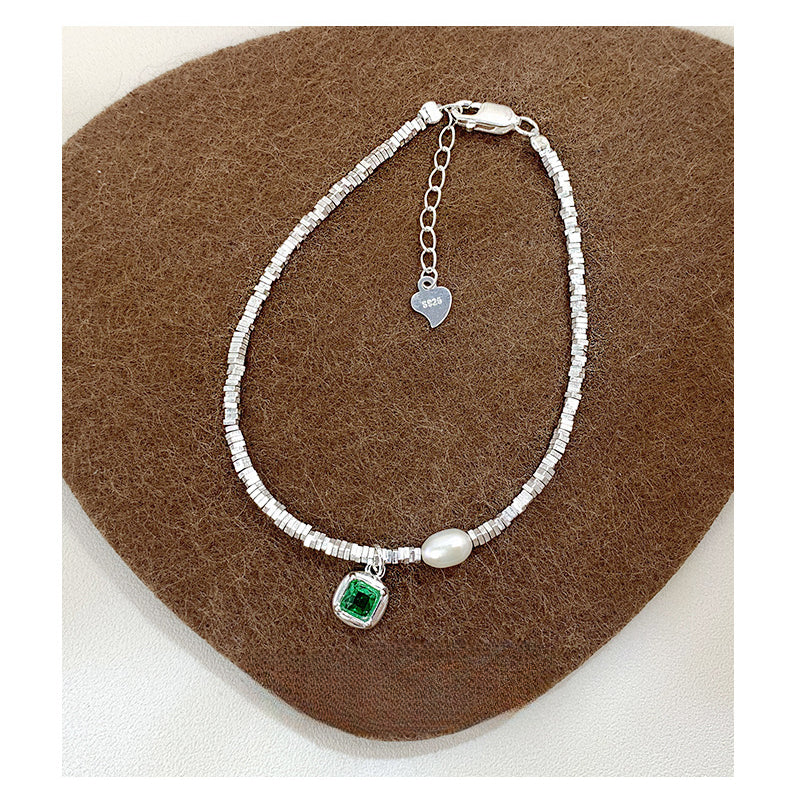 Silver Block Pearl Green Gem Charm Bracelet