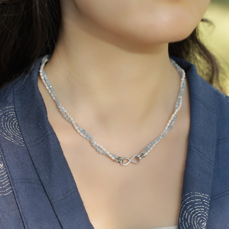 Multi Wear Ways Blue Crystal and Freshwater Pearl 2 Layers Necklace