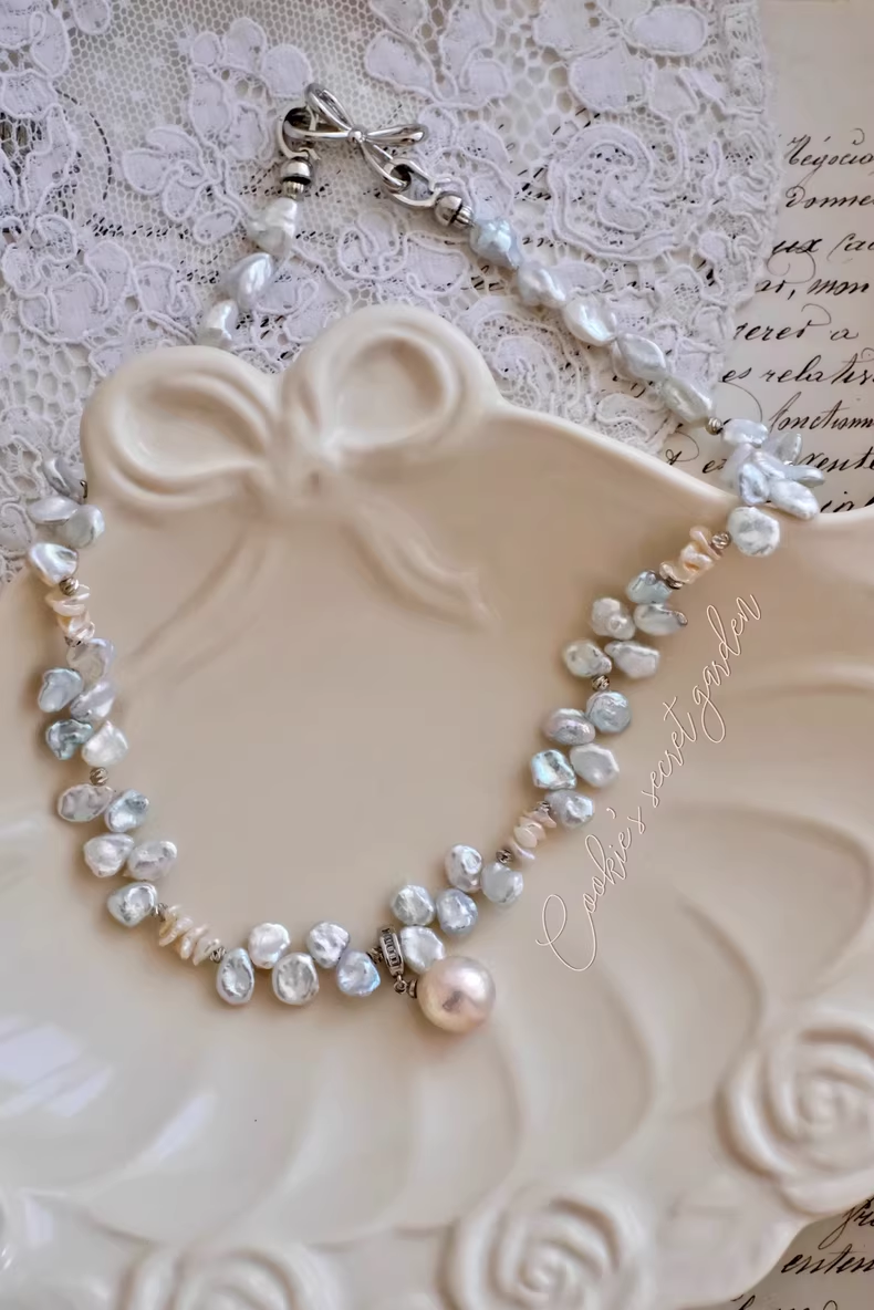 【Monet Garden Collection】 Handmade Mermaid Blue Baroque Pearl Necklace