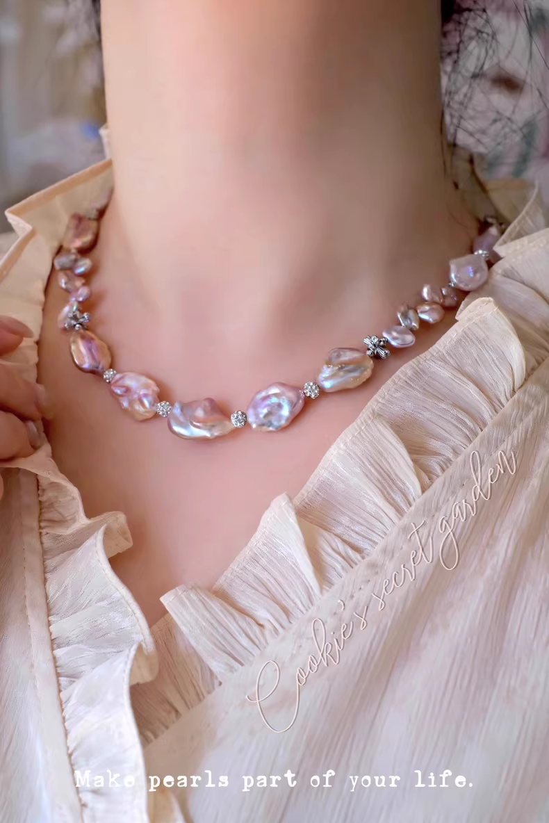 【Monet Garden Collection】 Handmade Ice Rose  Baroque Pearl Necklace