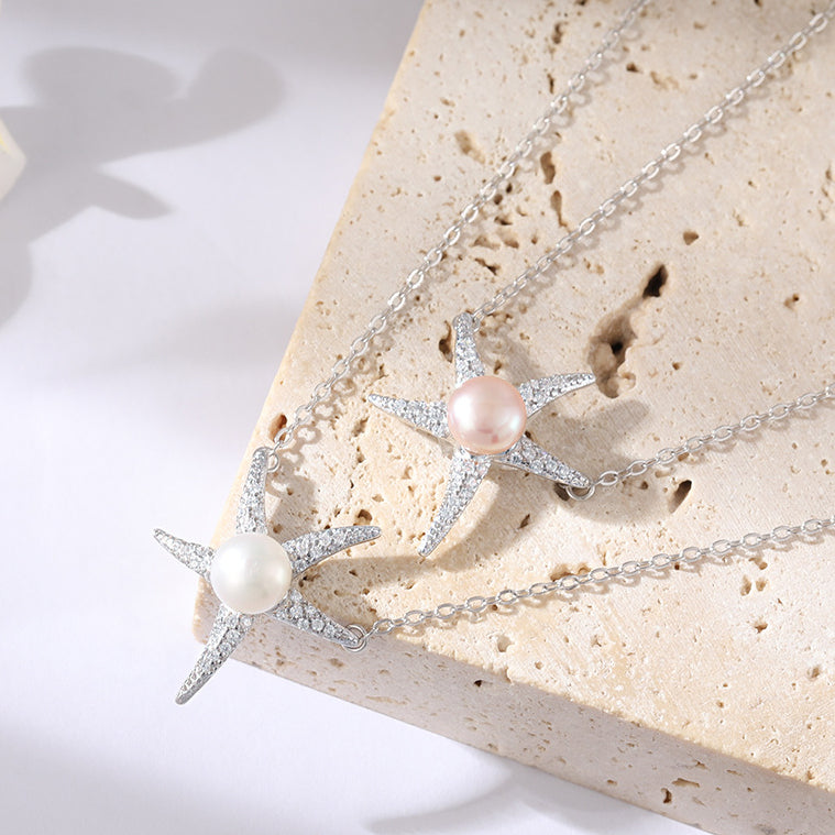 Pearl and Starfish Necklace Earrings Ring Set