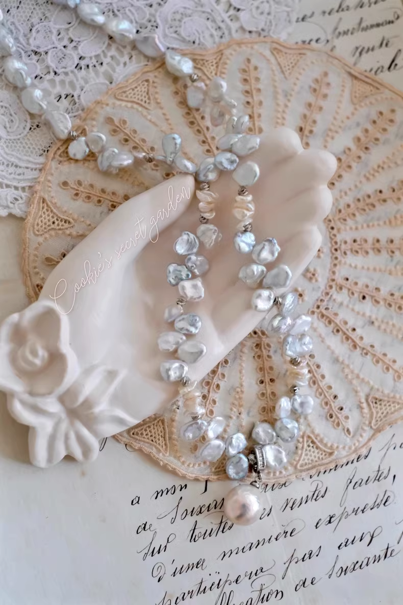 【Monet Garden Collection】 Handmade Mermaid Blue Baroque Pearl Necklace