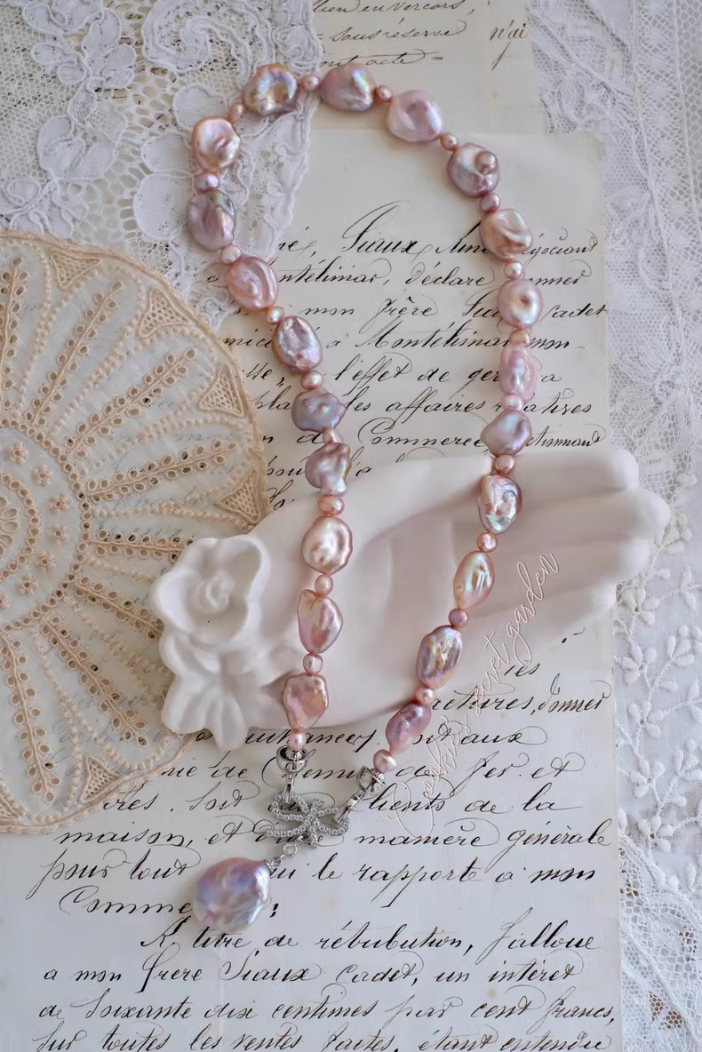 【Monet Garden Collection】 Handmade Mountain Cherry Baroque Pearl Necklace