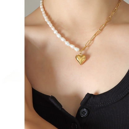 Half Paperclip Chain Half Freshwater Pearl Necklace With Heart Pendant