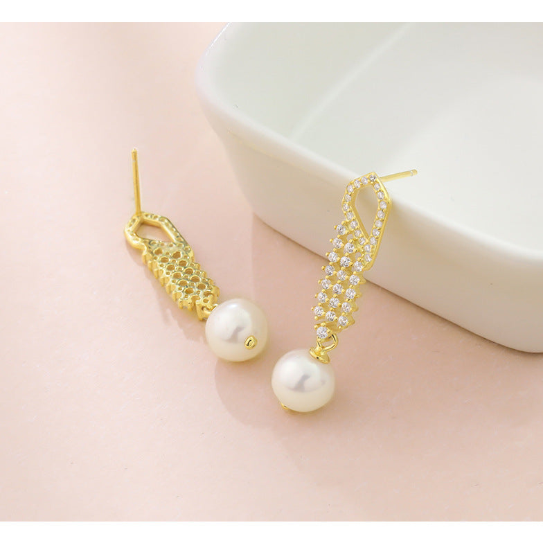 Elegant Diamond Setting Pearl Drop Earrings