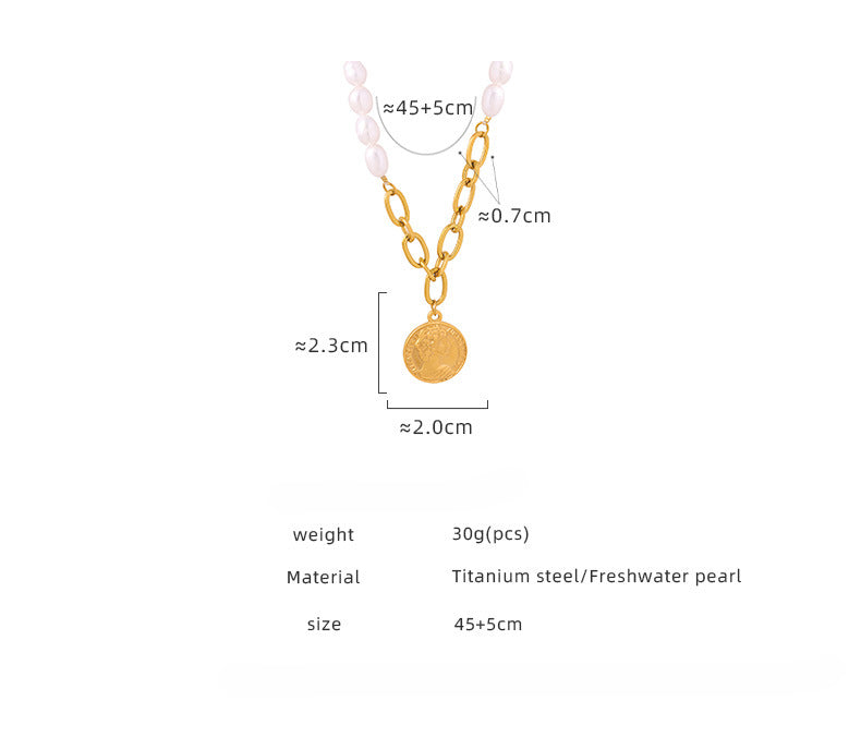 Gold Chain Splicing Pearl Necklace With Portrait Pendant 