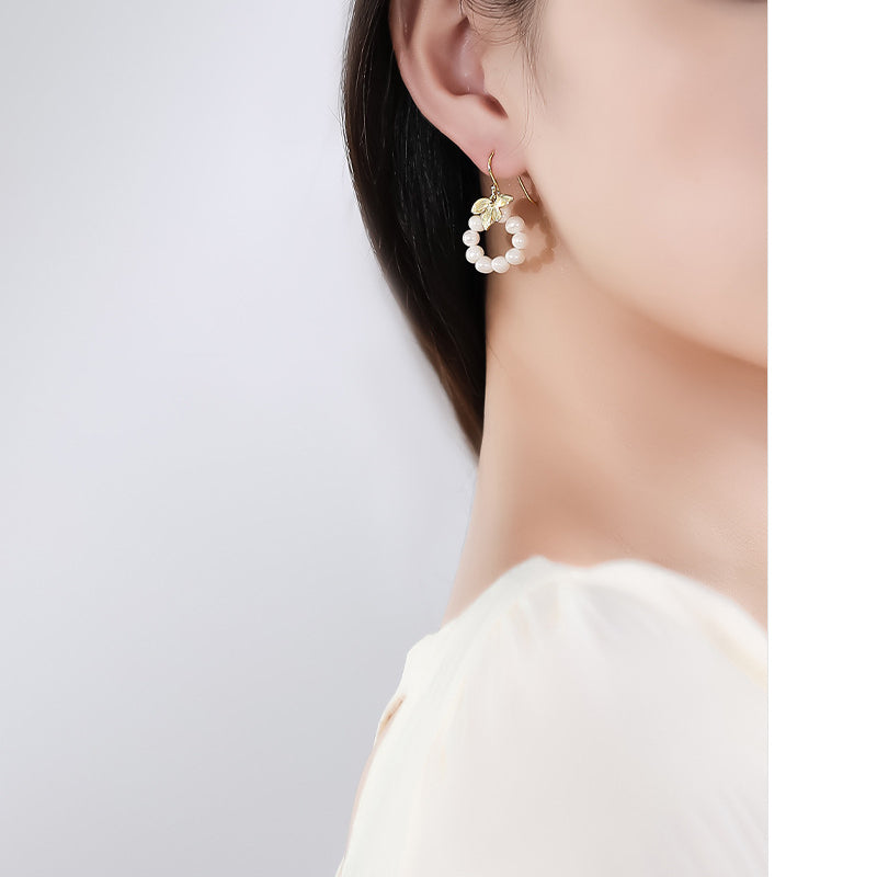 Leaf and Pearl Hook Earrings