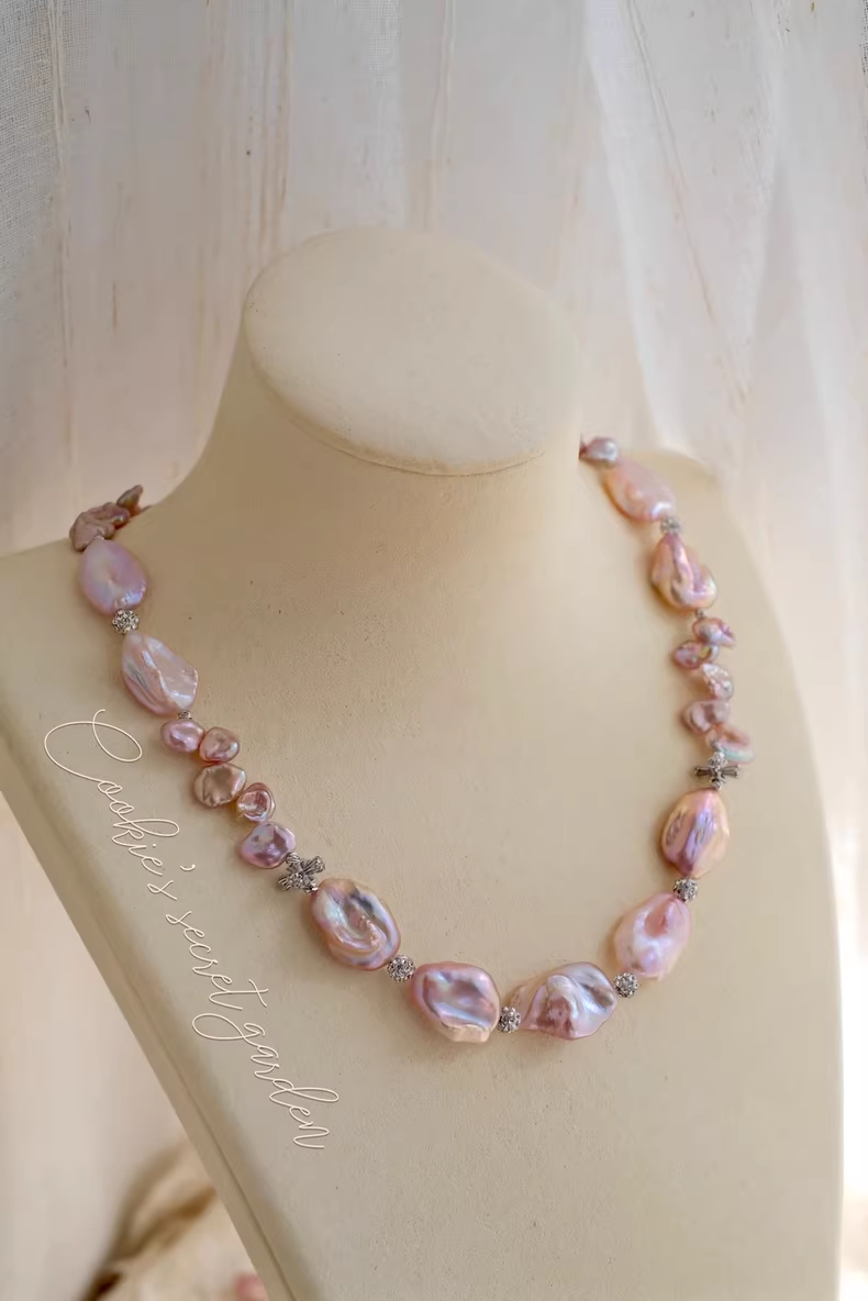 【Monet Garden Collection】 Handmade Ice Rose  Baroque Pearl Necklace