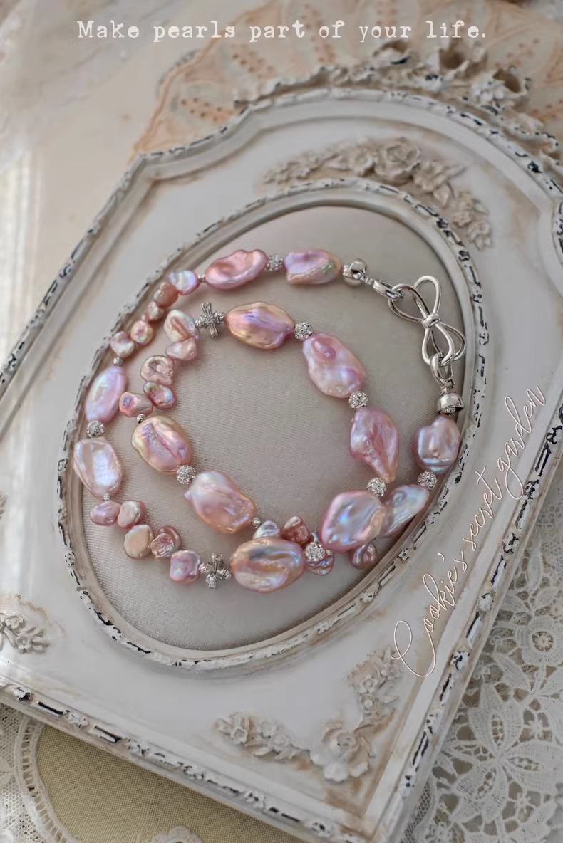 【Monet Garden Collection】 Handmade Ice Rose  Baroque Pearl Necklace