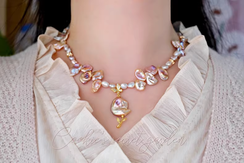 【Monet Garden Collection】 Handmade Glass Garden Baroque Pearl Necklace