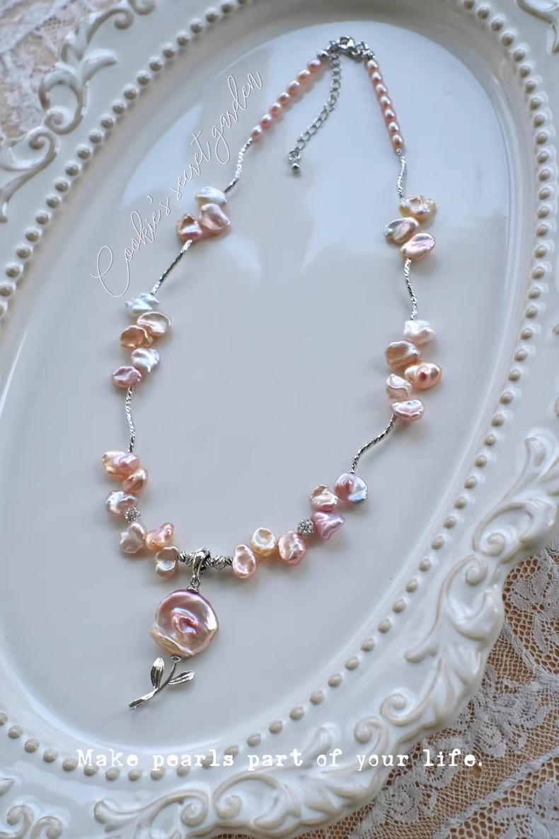 【Monet Garden Collection】Handmade Baroque Pearl Rose Pendant Necklace