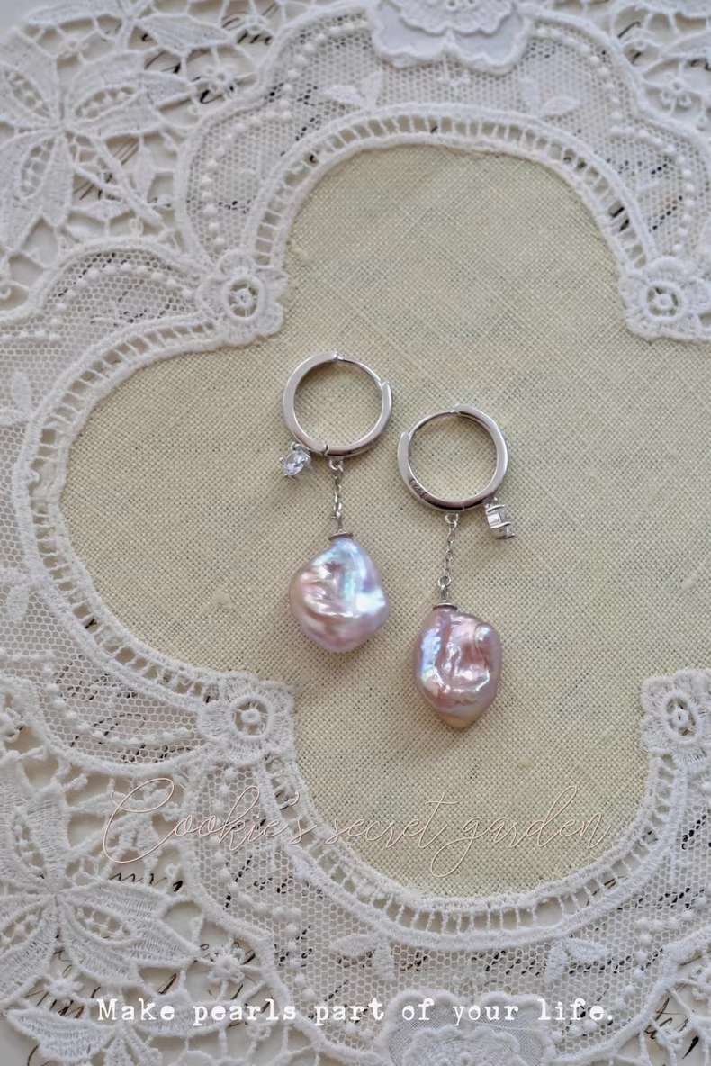 【Monet Garden Collection】 Handmade Silver Baroque Pearl Drop Earrings