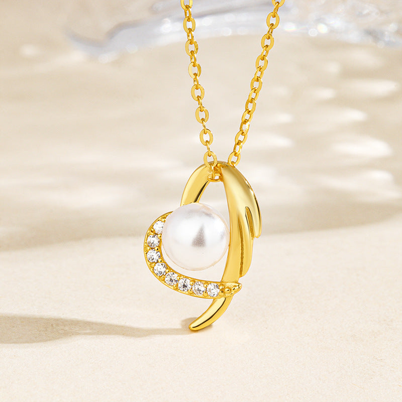 Angel Wing Heart Pearl Pendant Necklace