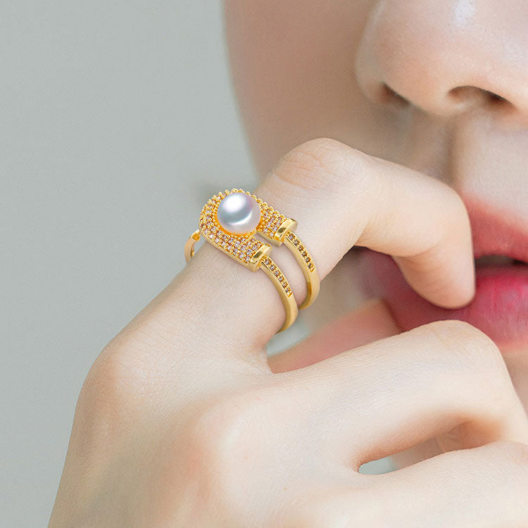 Adjustable Zircon Pearl Ring