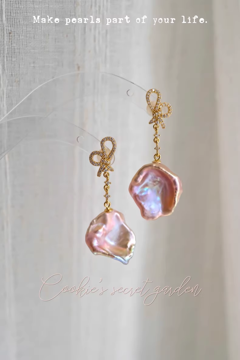 【Monet Garden Collection】 Handmade Yuru Bow Baroque Pearl Drop Earrings