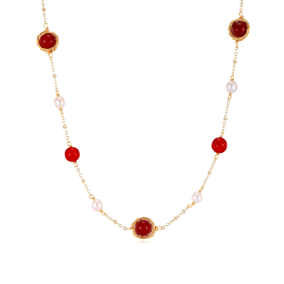 Long Natural Red Agate Freshwater Pearl Necklace