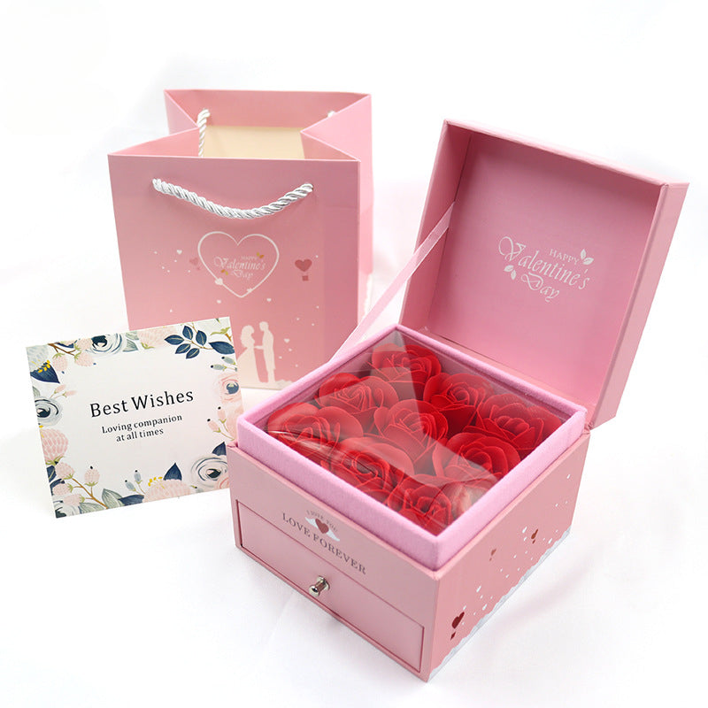 Dreamy Pink 9 Roses Preserved Flower Ring Earring Necklace Jewelry Box