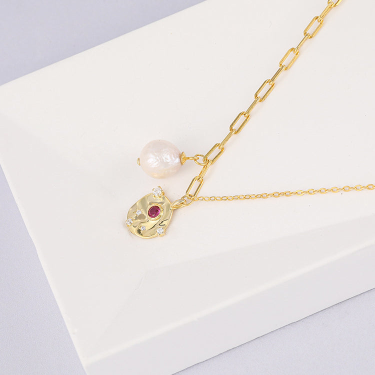 Pink Gem Round Pendant Pearl Charm Necklace