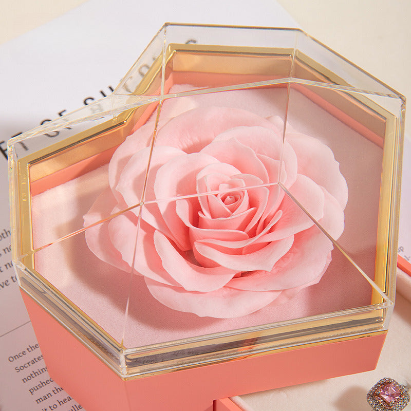 Beating Heart Preserved Rose Flower Ring Necklace Jewelry Box