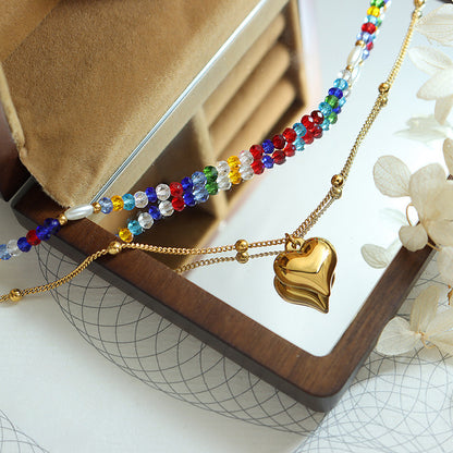 Double Layered Stacked Rainbow Crystal And Pearl With Heart Pendant Necklace