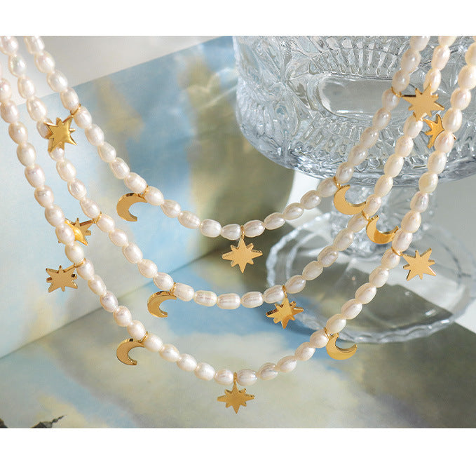 North Star Moon Charms Freshwater Pearl Necklace