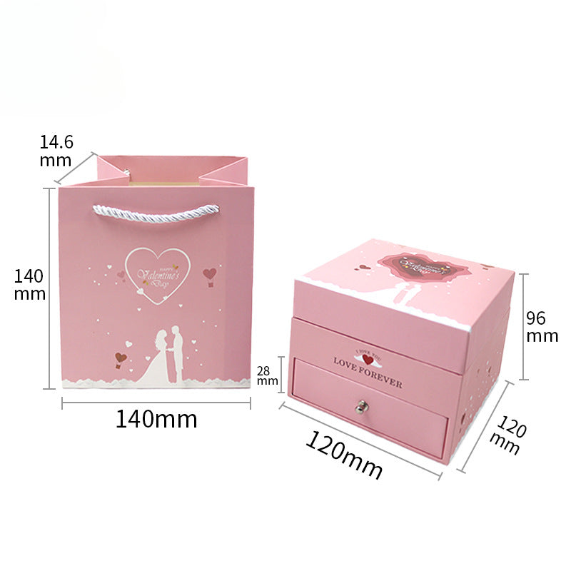 Dreamy Pink 9 Roses Preserved Flower Ring Earring Necklace Jewelry Box